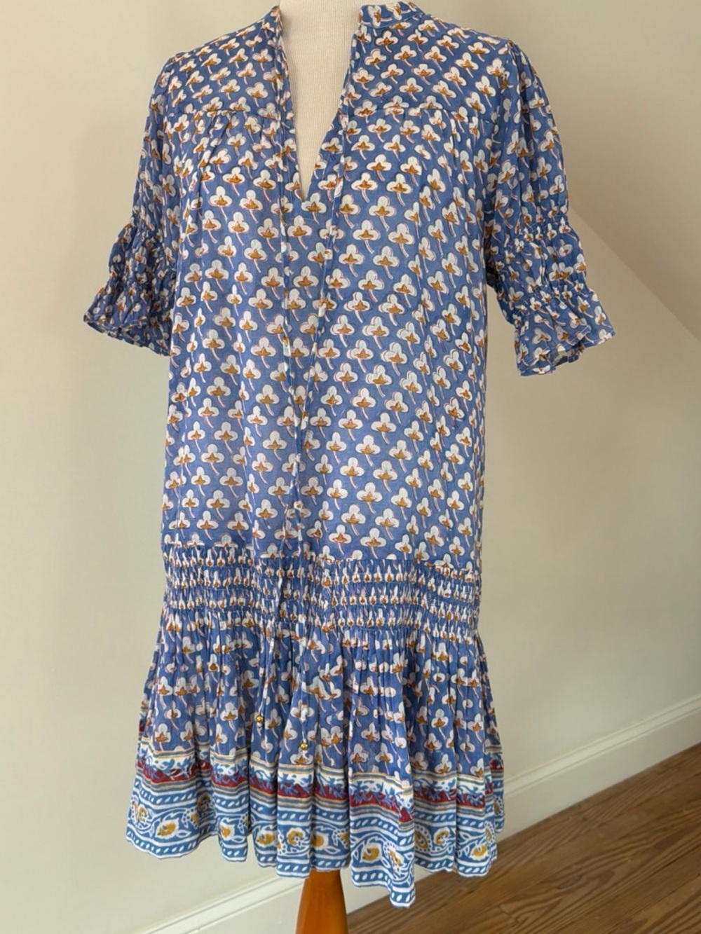 Oliphant Blue and White Printed Smocked Midi Dress with Yellow Accents